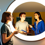 **Prompt 1: The Reflective Learner's Journey**
    A diverse group of university students engaged in a collaborative learning session, with a central student contemplating their progress through a stylized, glowing mirror that projects insights and areas for development. Around them, other students are depicted providing constructive feedback through active listening and supportive gestures. The scene is illuminated by soft, encouraging light, symbolizing self-discovery, confidence, and the continuous journey of improvement facilitated by authentic feedback. Elements of a subtle, guiding compass or navigation lines are integrated into the background, emphasizing direction and growth in a modern, clean educational environment.