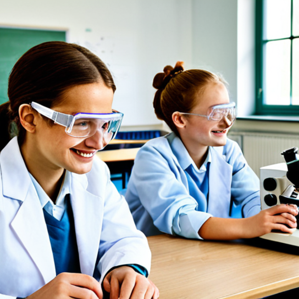 Classroom Observation**
"A bright, modern classroom in Poland. Students are fully clothed and engaged in a science experiment at lab tables, wearing safety goggles. The teacher, a professional woman in modest attire, observes with a smile. Microscopes and beakers are visible. Natural lighting, perfect anatomy, correct proportions, well-formed hands, safe for work, appropriate content, fully clothed, professional, family-friendly."
**