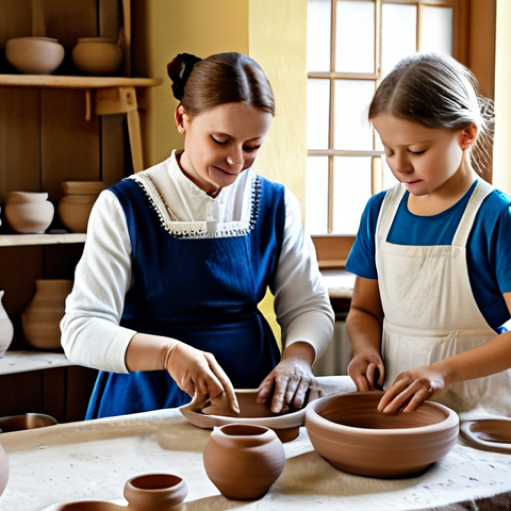 **
"A family-friendly scene at a local pottery workshop in Poland. A fully clothed mother and her two children are carefully shaping clay on spinning wheels, guided by a professional, modest instructor in traditional Polish clothing. The workshop is filled with shelves displaying finished pottery. Natural light streams through the windows. safe for work, appropriate content, fully clothed, professional, perfect anatomy, correct proportions, well-formed hands, proper finger count, natural body proportions, high quality."
**