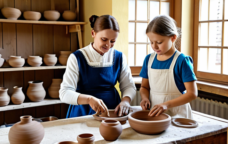 **
"A family-friendly scene at a local pottery workshop in Poland. A fully clothed mother and her two children are carefully shaping clay on spinning wheels, guided by a professional, modest instructor in traditional Polish clothing. The workshop is filled with shelves displaying finished pottery. Natural light streams through the windows. safe for work, appropriate content, fully clothed, professional, perfect anatomy, correct proportions, well-formed hands, proper finger count, natural body proportions, high quality."
**