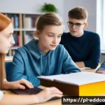 Home 22 체험 기반 교육의 동기 부여 기법 - A modern classroom scene in Poland showing a diverse group of teenage students collaborating on a pr...