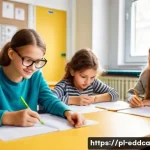 Home 21 체험 기반 교육을 위한 교사의 역할 - A warm and inviting classroom scene in a modern Polish elementary school, showing a diverse group of...