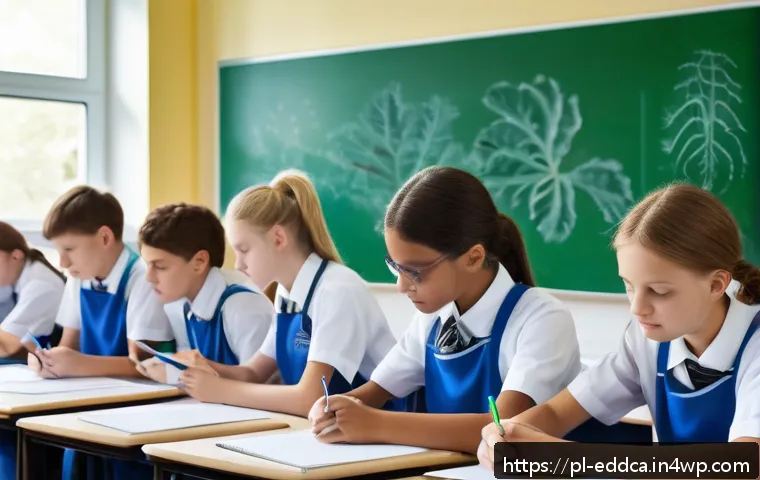 체험 기반 교육에서의 교육자 역할 모색 - A modern classroom scene in Poland featuring a diverse group of teenage students engaged in a hands-...