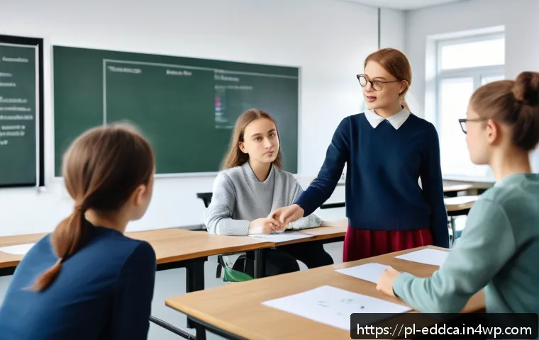 체험 기반 교육에서의 피드백의 중요성 - A modern classroom setting in Poland, featuring a diverse group of engaged students actively partici...